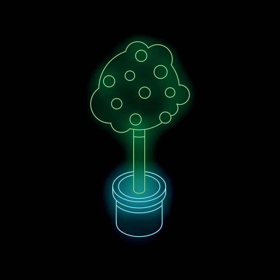 Glowing neon green tree growing in pot on black background vector