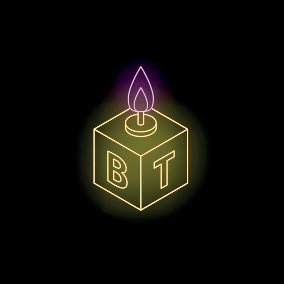 Neon bitcoin burning with purple flame on black background vector