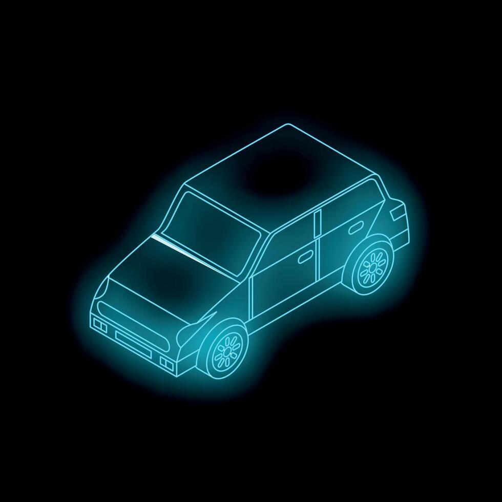 Neon blue hatchback car shining in dark space vector
