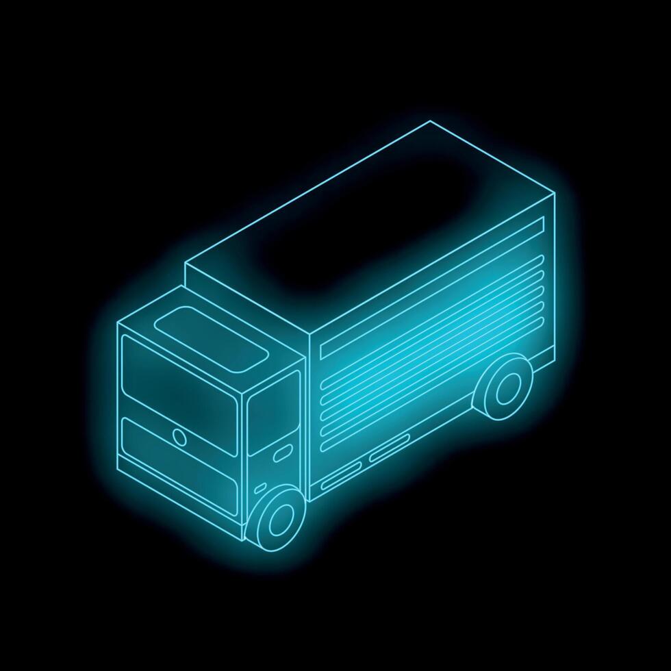 Glowing neon style delivery truck isometric projection vector