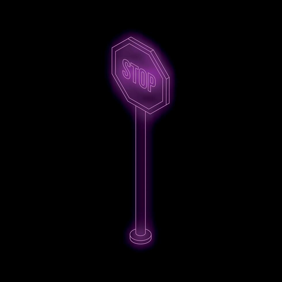 Glowing neon stop sign isometric style on black background vector
