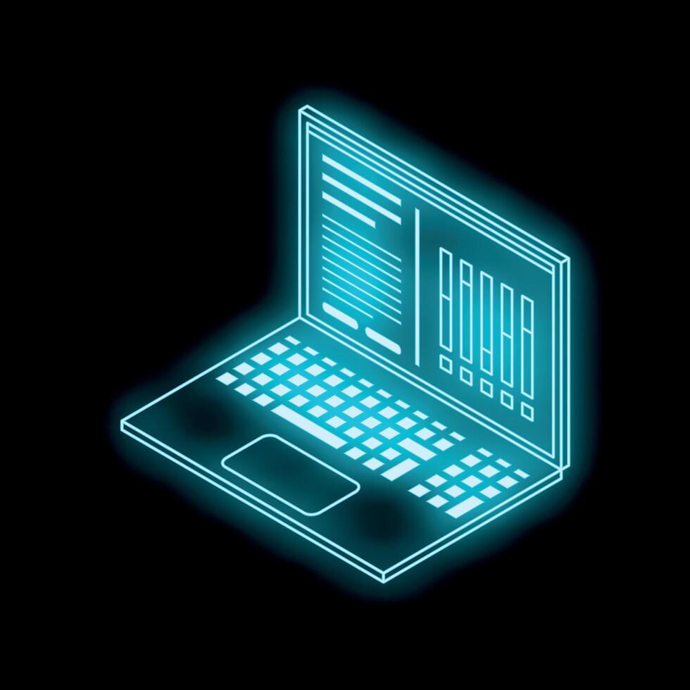 Neon blue laptop showing data chart on black background vector