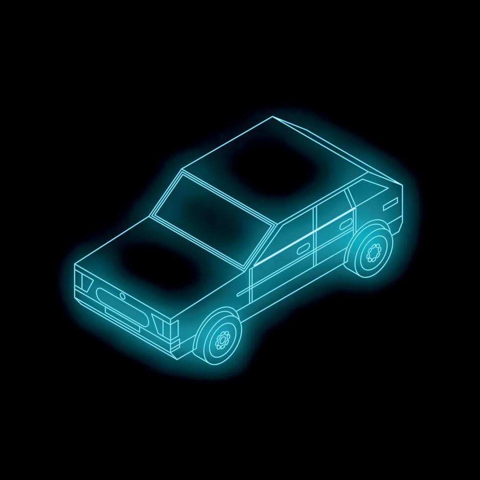 Neon blue wireframe car glowing on black background vector