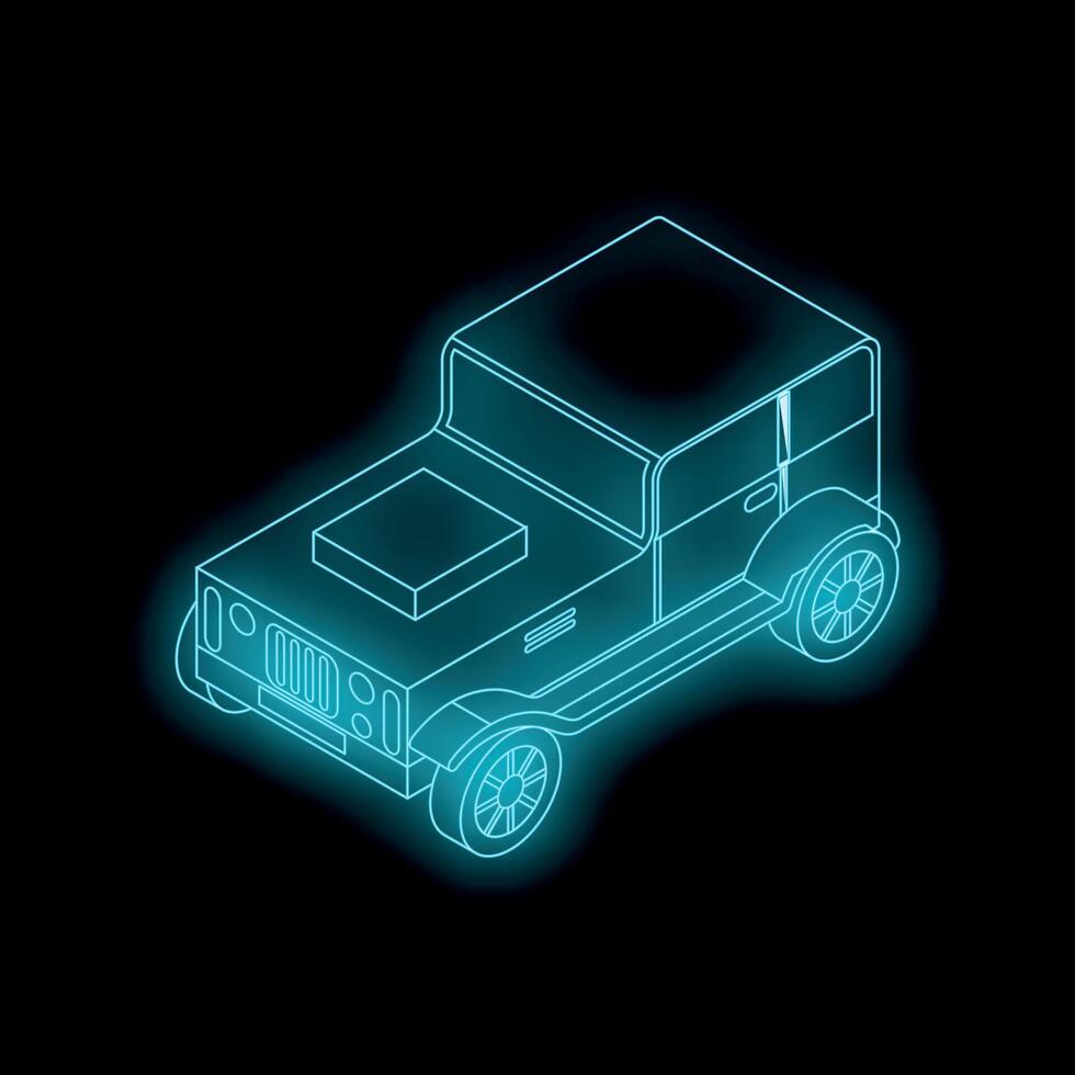 Blue neon wireframe of a generic off road vehicle on black background vector