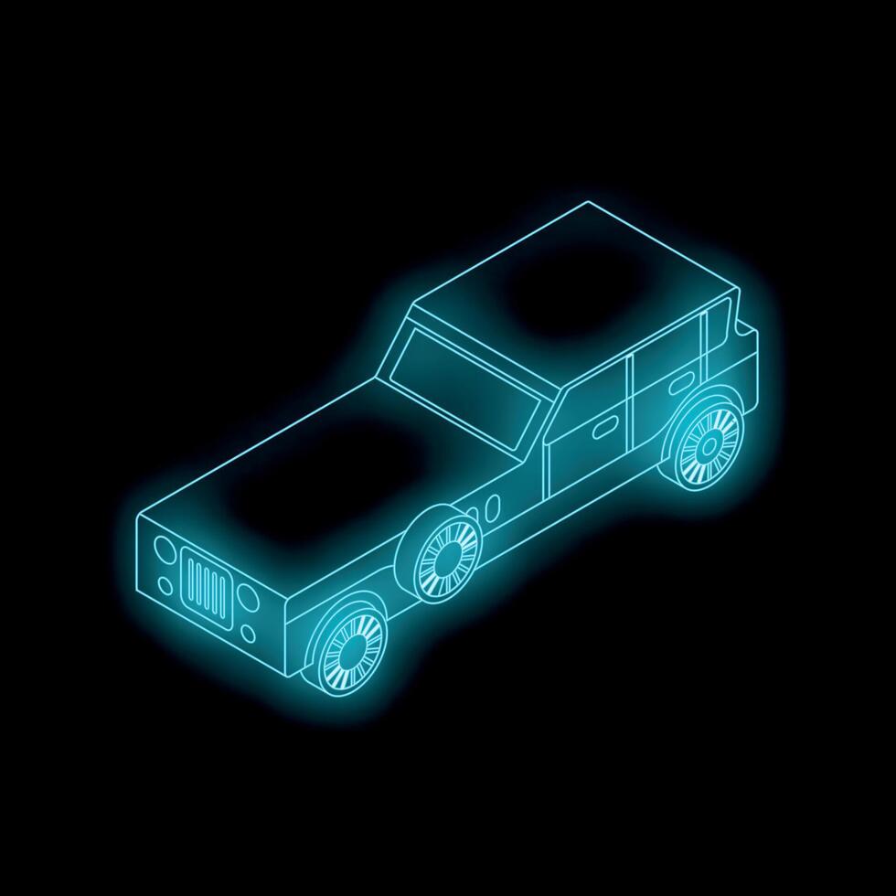 Glowing neon blue wireframe suv isometric right view on black background vector