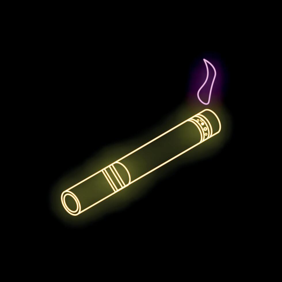 Yellow neon cigar burning with purple flame on black background vector