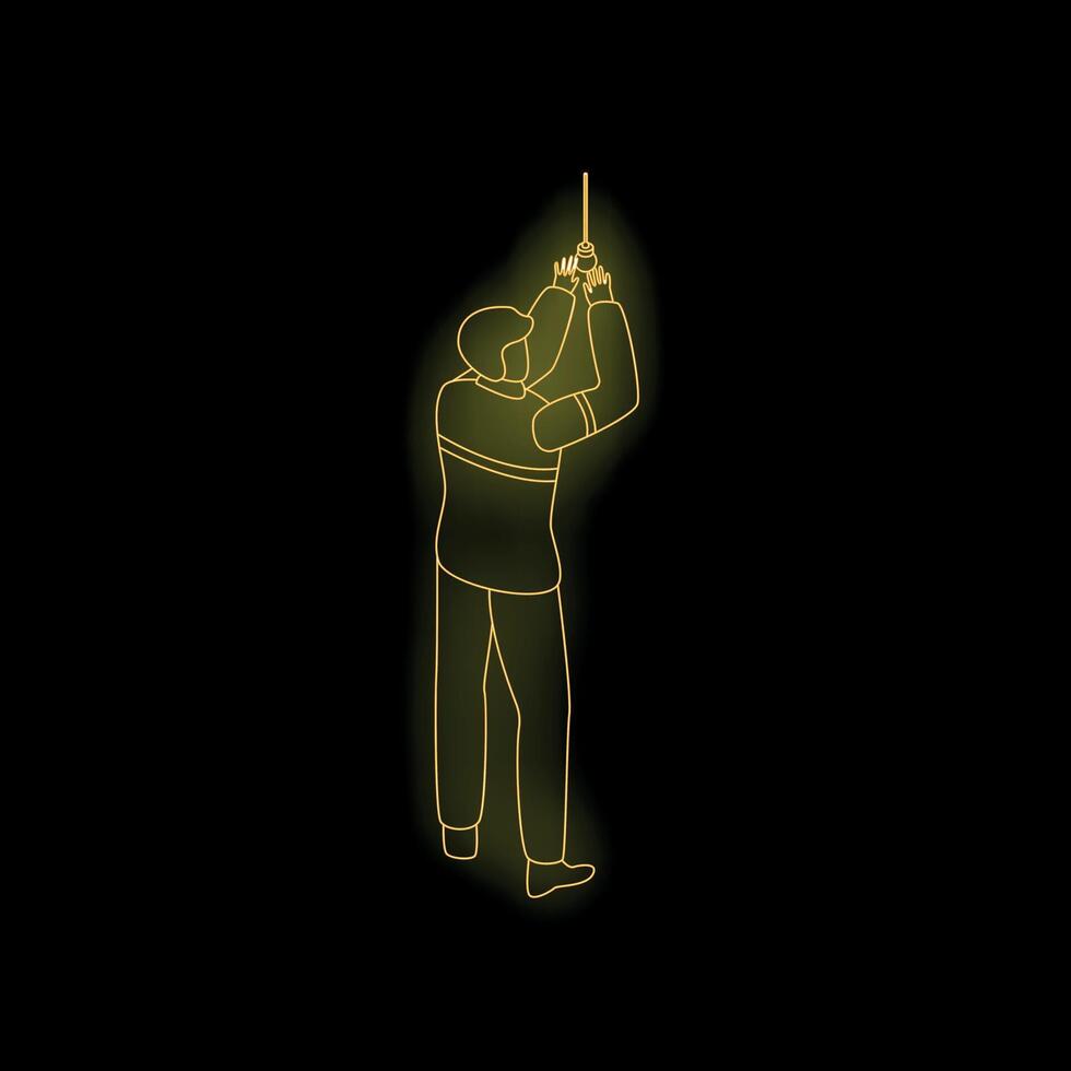 Electrician installing something on ceiling using electric drill neon sign illustration vector