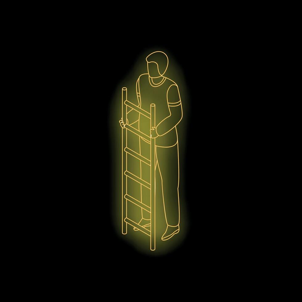 Construction worker holding ladder neon sign isometric view vector