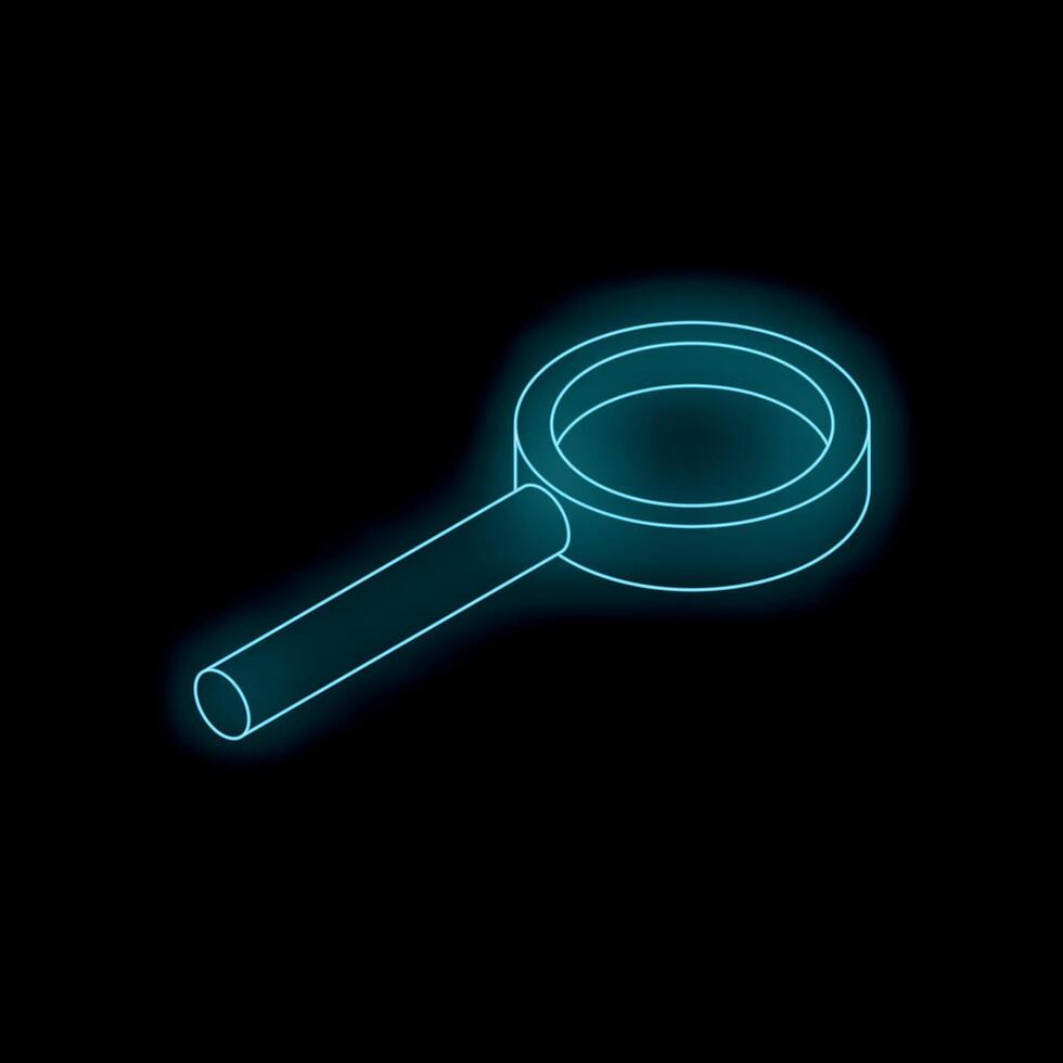 Neon magnifying glass symbolising search on black background vector