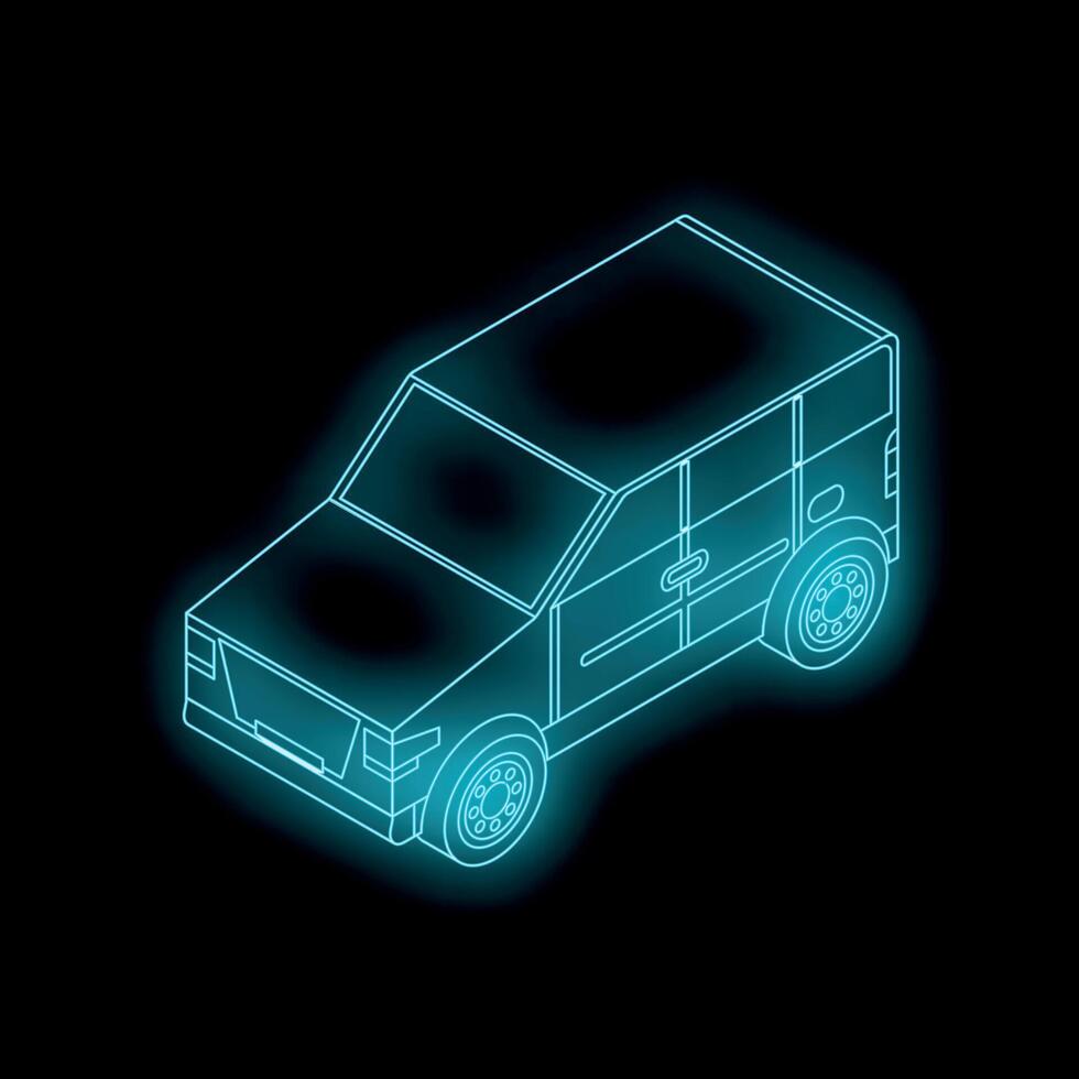 Neon blue outline of a generic suv appearing on a black background vector