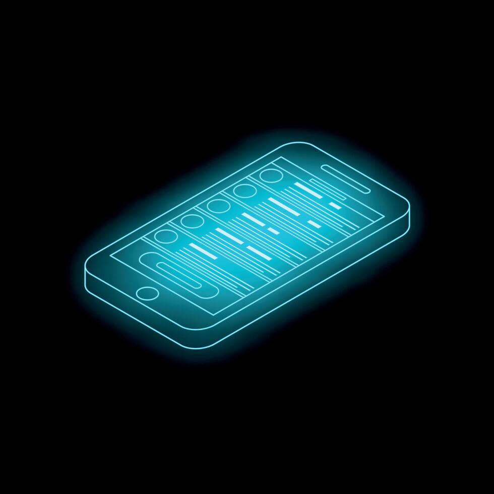 Smartphone showing graph with glowing neon blue lines on dark background vector