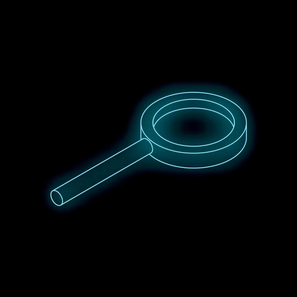 Neon magnifying glass shining on black background vector