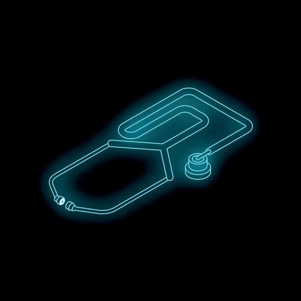 Neon blue stethoscope glowing on black background vector