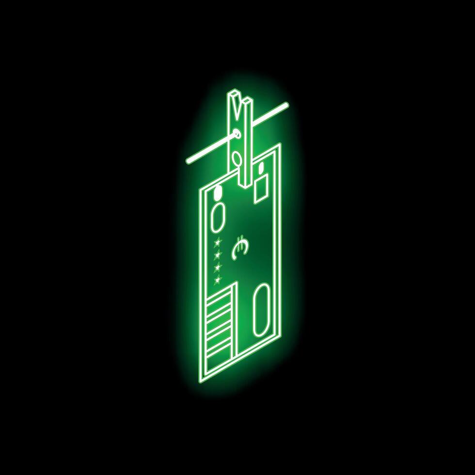 Neon glowing sign of hotel key card hanging on the wall vector
