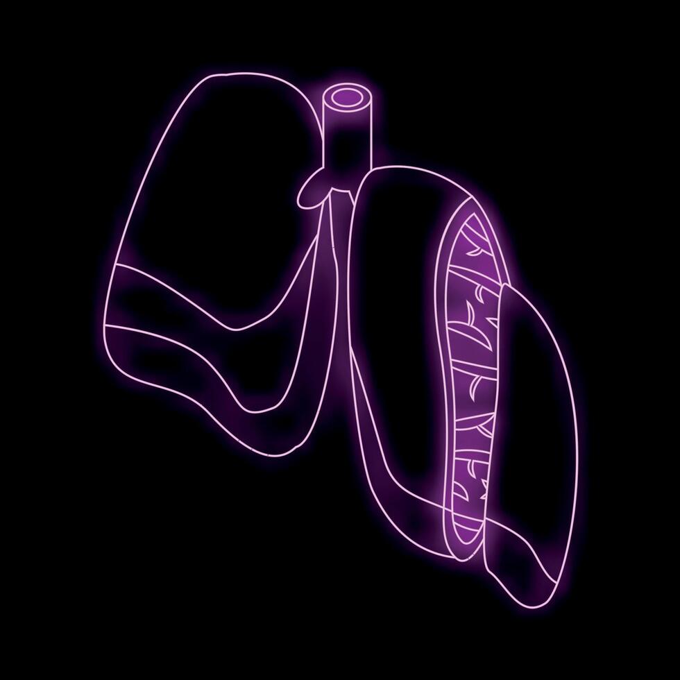 Neon purple lungs glowing on black background vector
