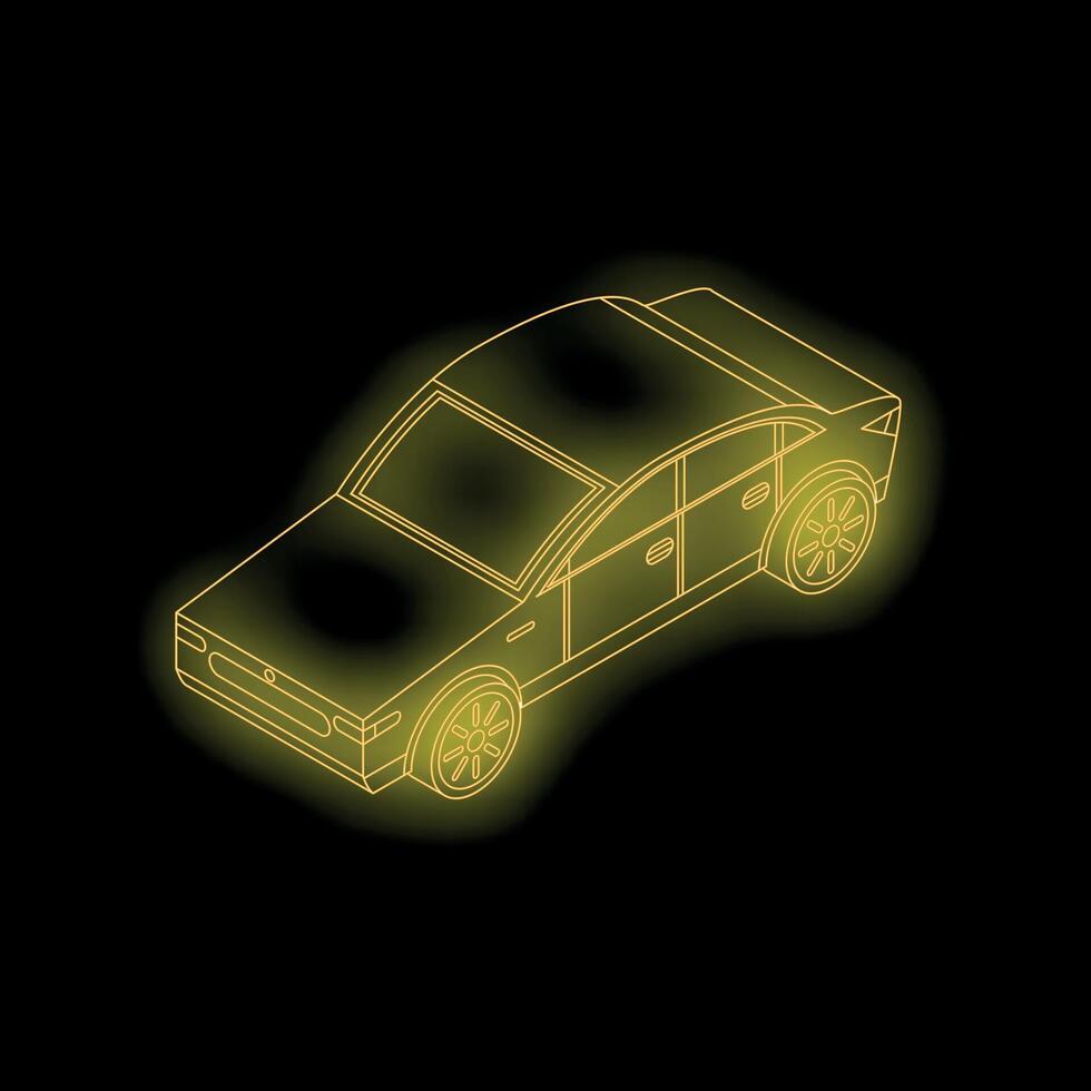 Yellow neon sedan car standing on black background vector