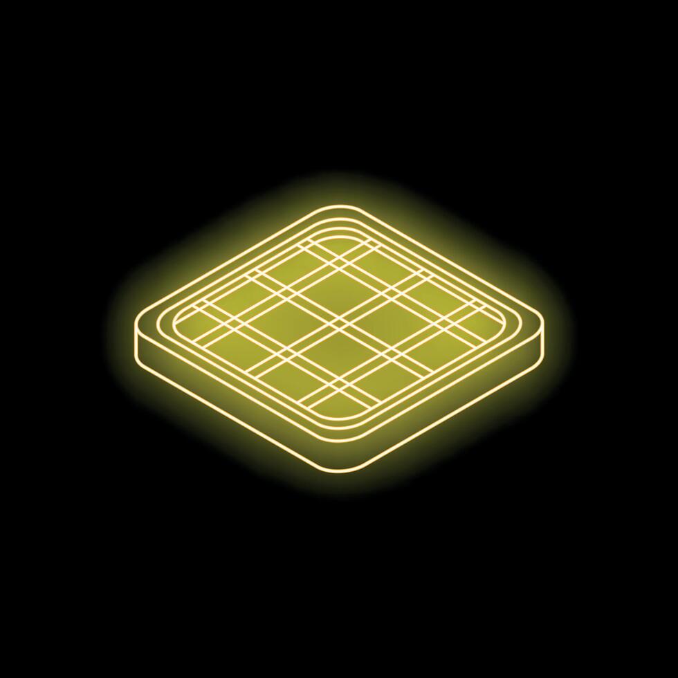 Yellow neon style waffle iron glowing on black background vector