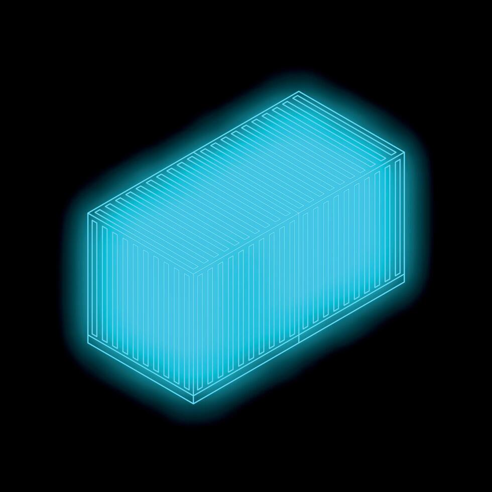 Neon blue shipping container glowing on black background vector