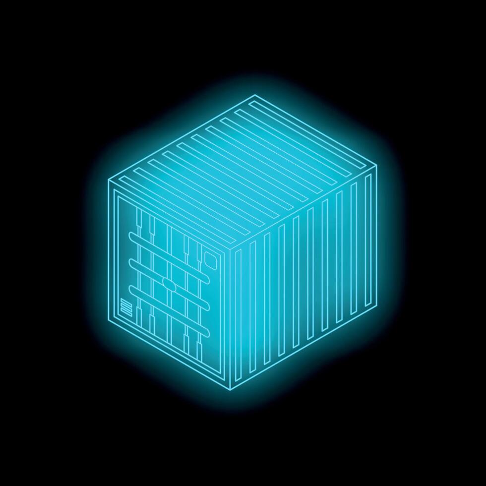 Glowing neon blue shipping container glowing on black background vector