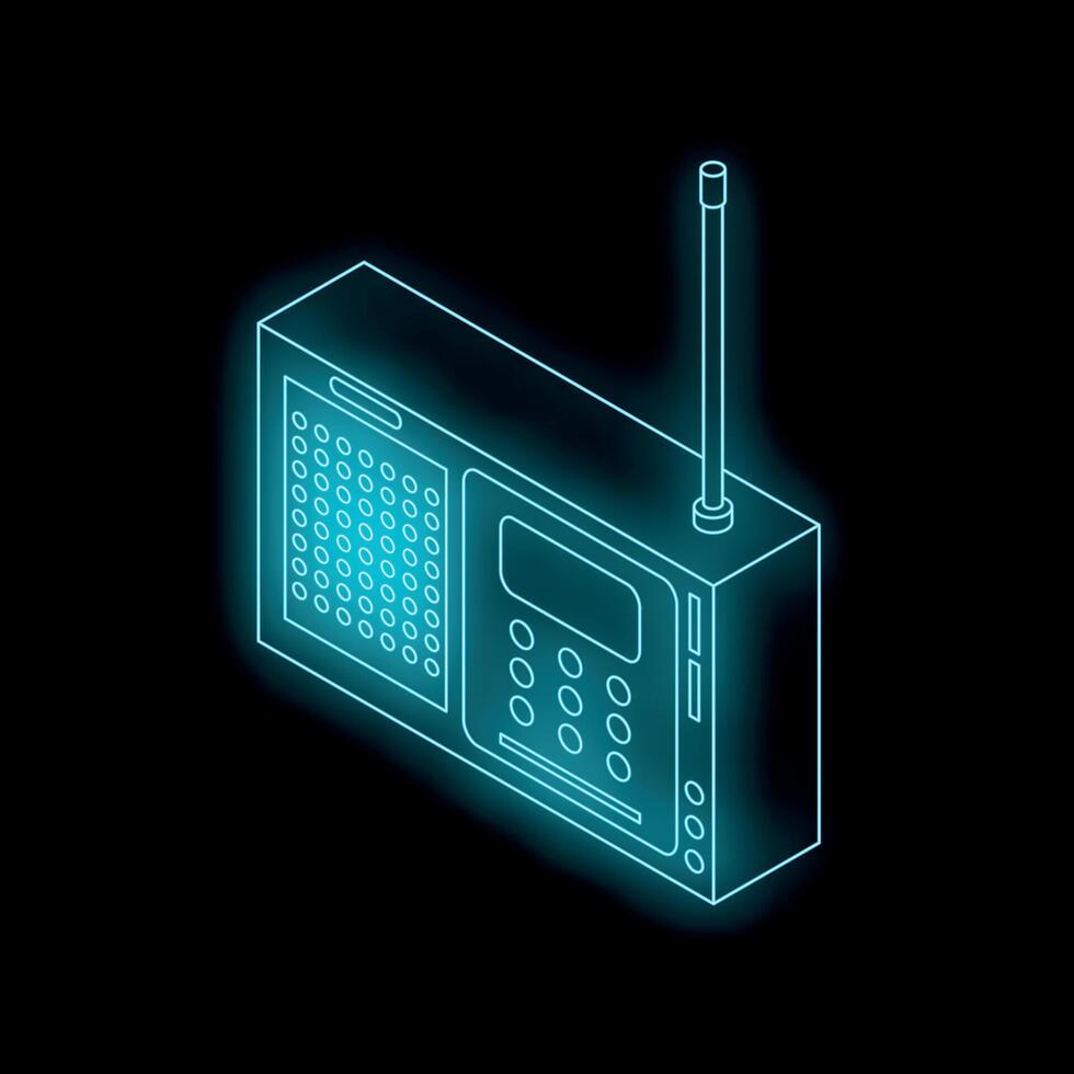 Neon icon of retro receiver broadcasting fm radio playing music vector