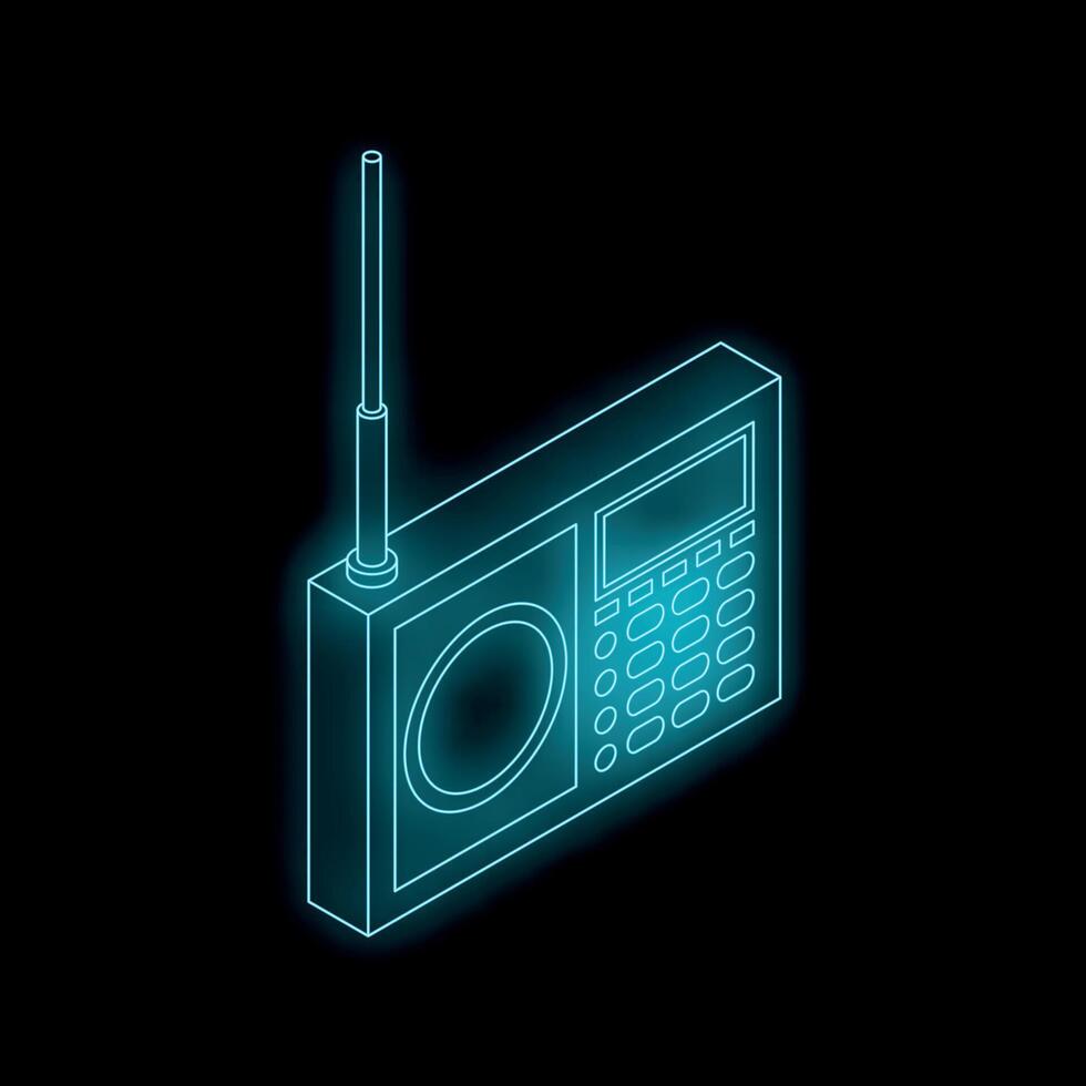 Blue neon radio receiver broadcasting on black background vector
