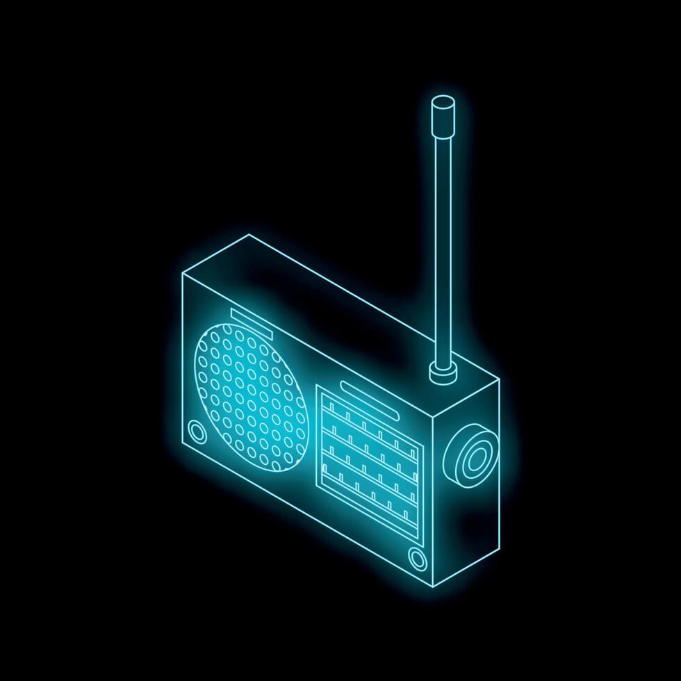 Neon icon of retro receiver transmitting radio waves vector