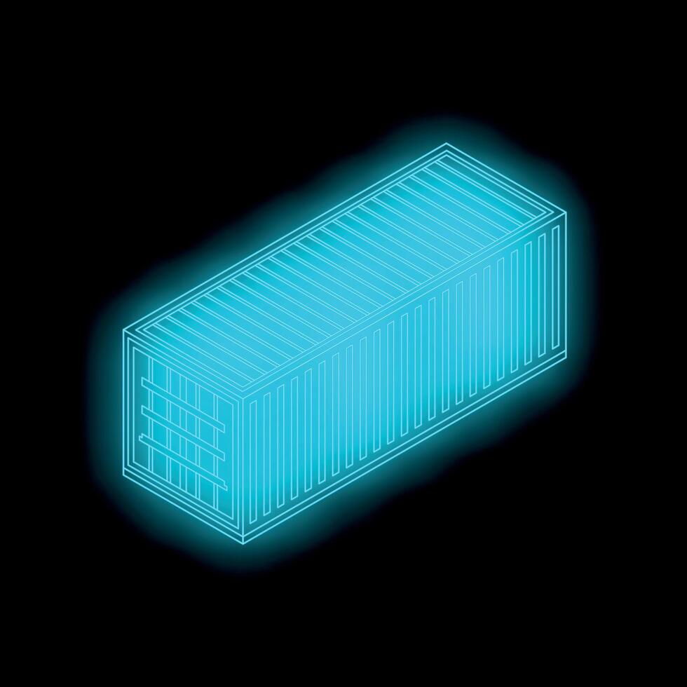 Neon blue shipping container glowing on black background vector
