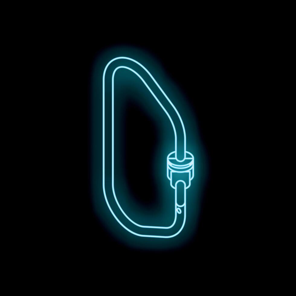 Glowing neon icon of locking carabiner for safety harness vector