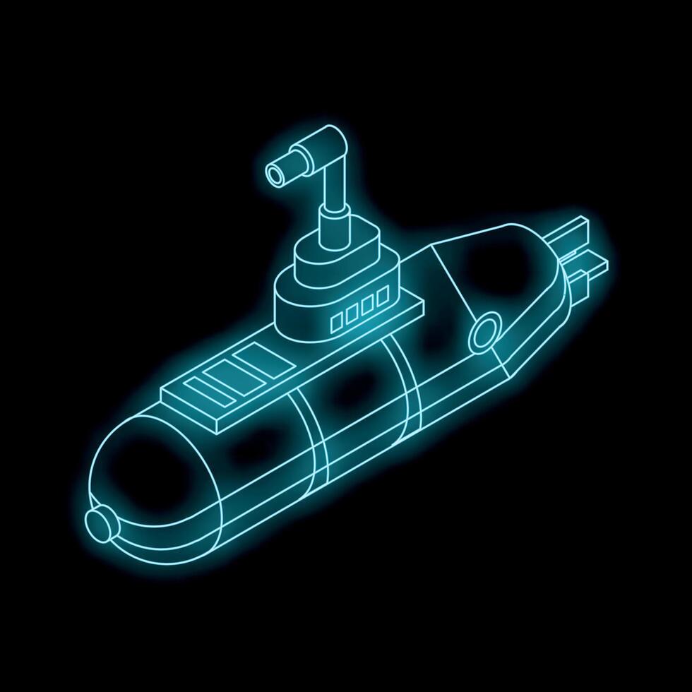 Neon submarine glowing on dark background vector