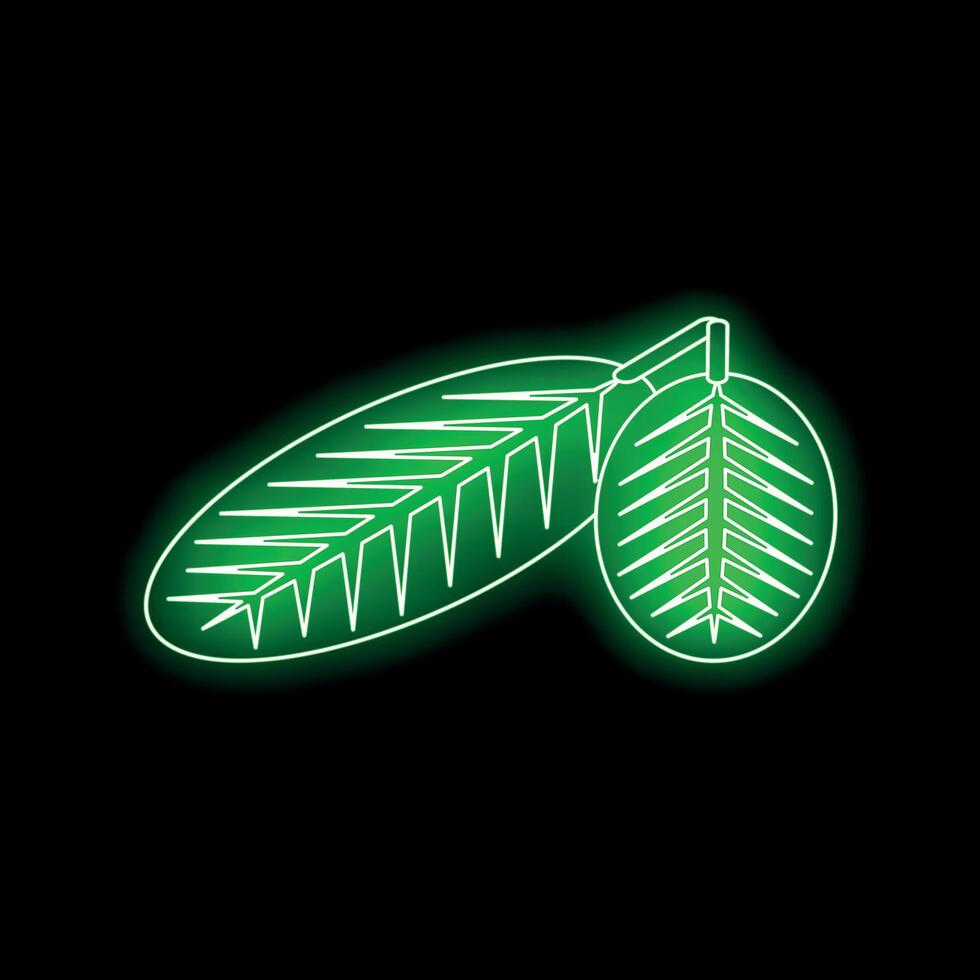 Green neon sign showing two bay leaves on black background vector