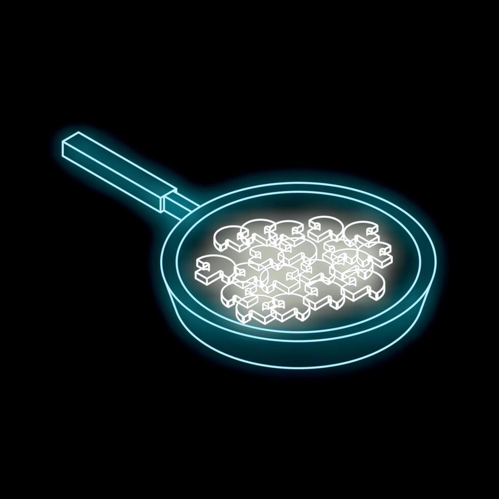 Neon icon of frying pan cooking mushrooms on black background vector