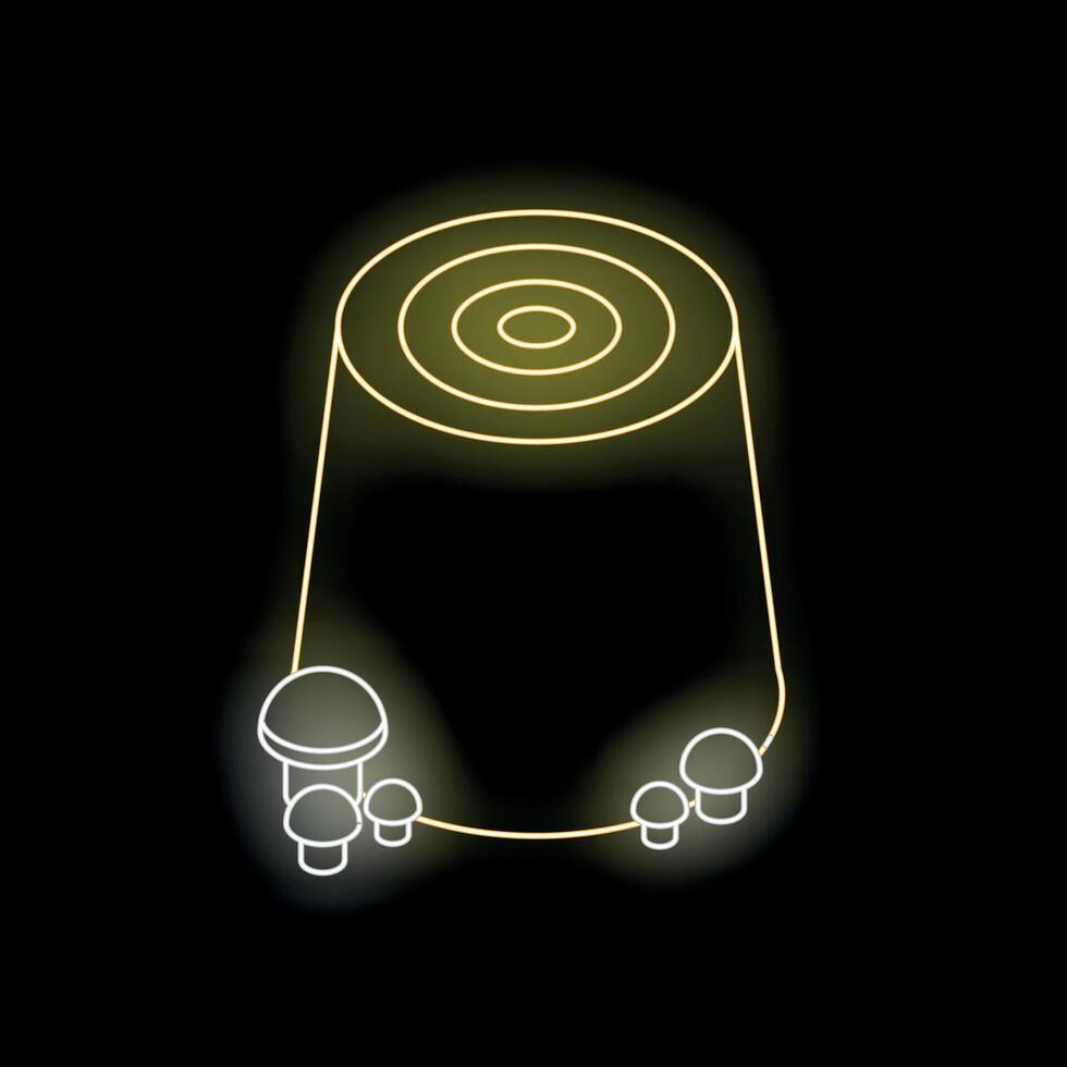 Glowing neon icon of tree stump with mushrooms on black background vector