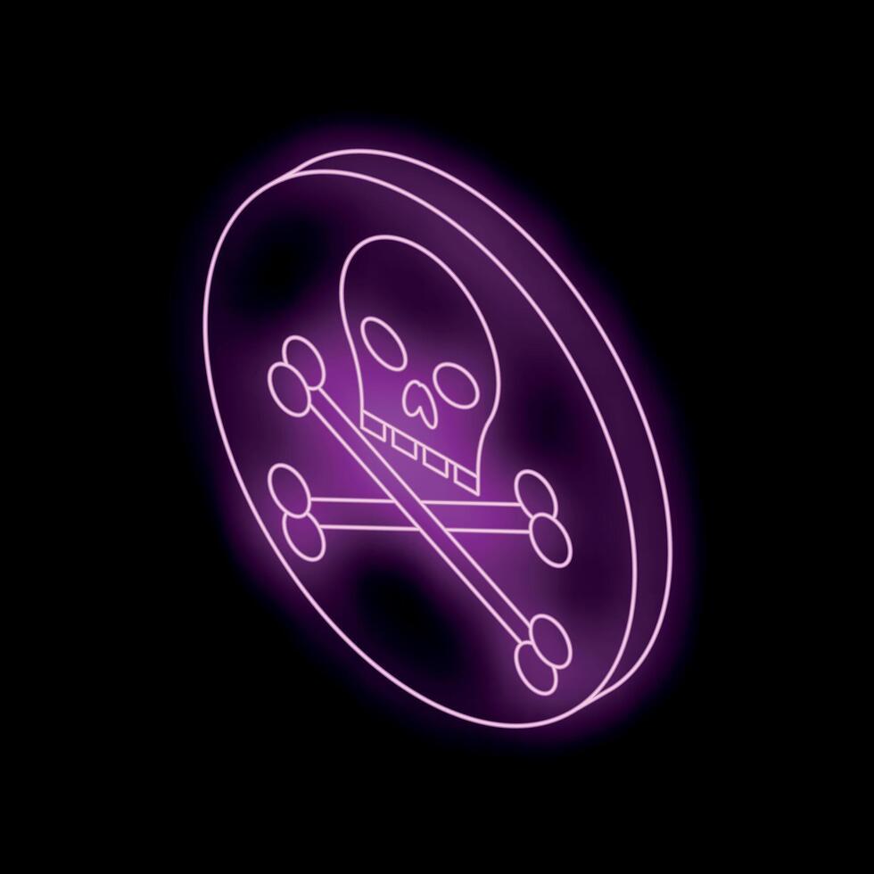 Purple neon sign showing skull and crossbones danger symbol vector