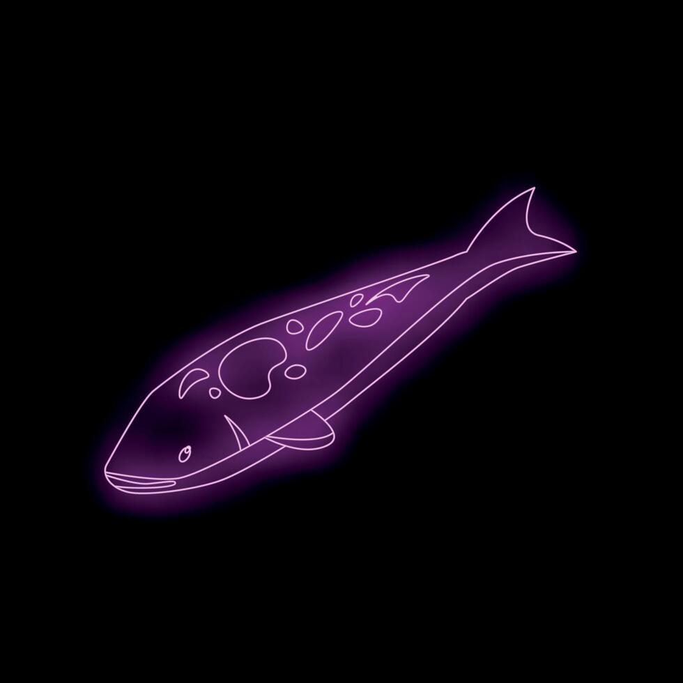 Purple neon sign of koi fish swimming upwards on black background vector