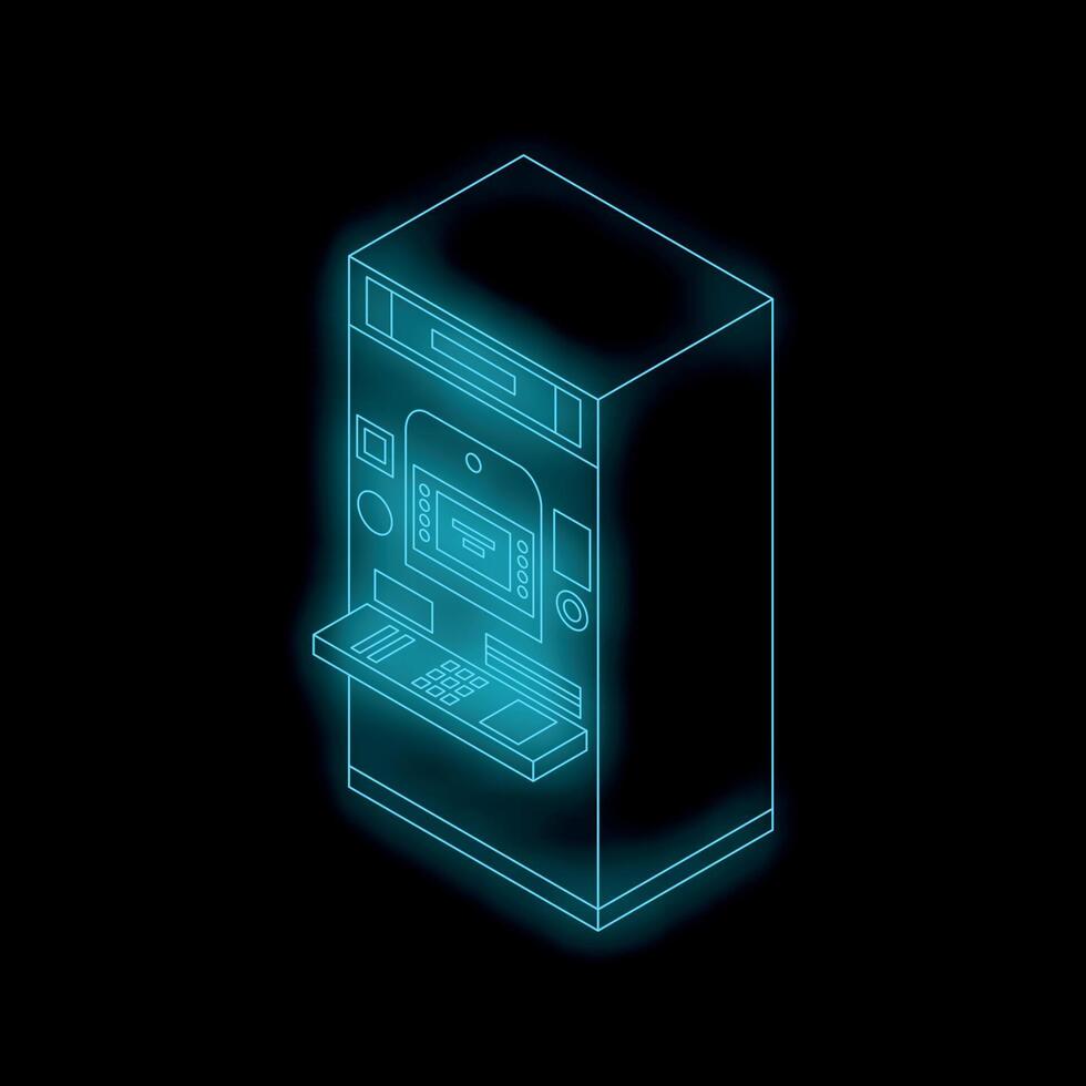 Glowing neon atm machine on black background vector