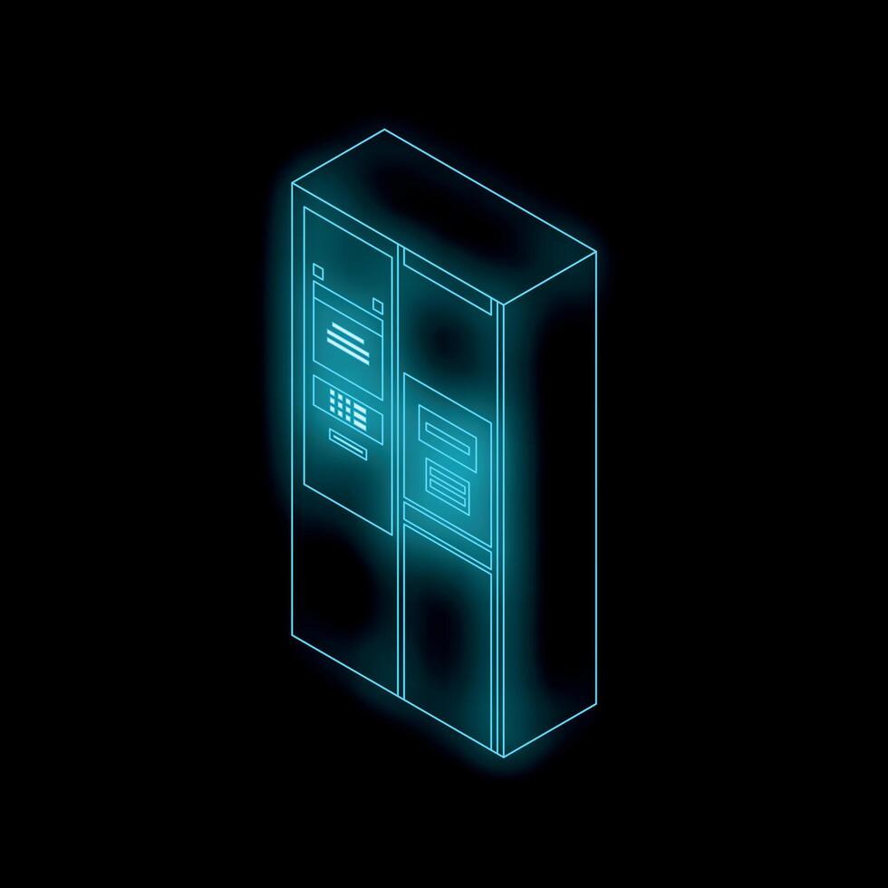 Atm cash machine glowing neon hologram on black background vector