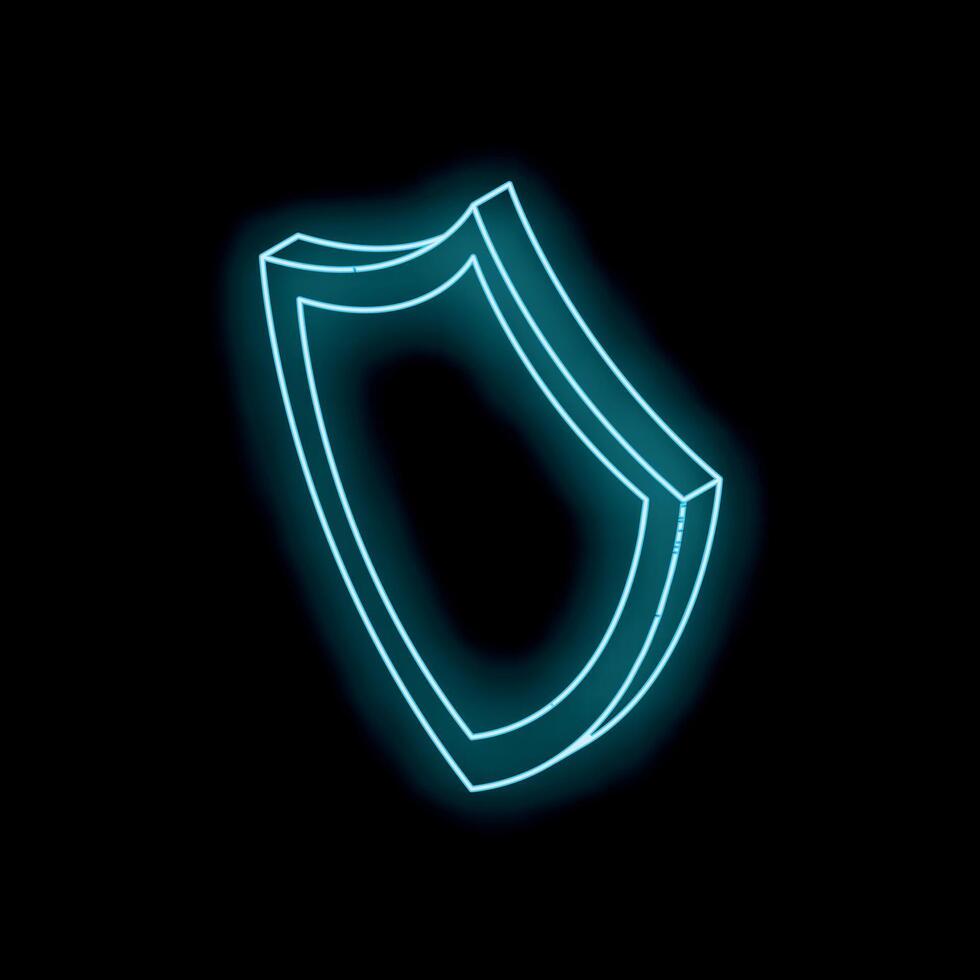 Blue neon shield glowing on black background representing online security vector