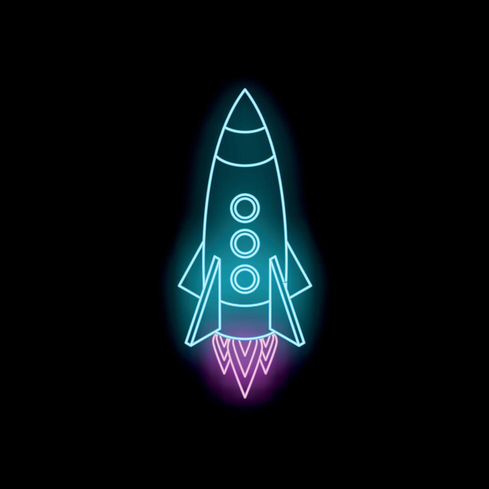 Neon spaceship taking off from earth at night vector