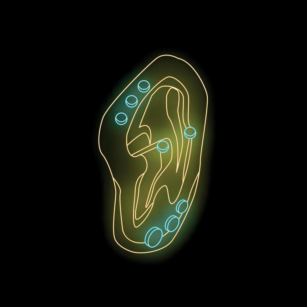 Neon sign representing an ear with piercings on black background vector