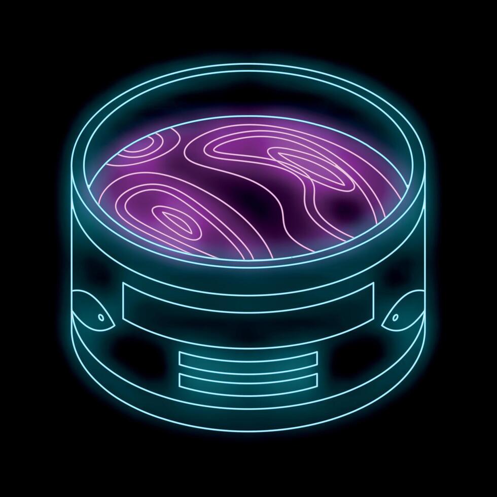 Neon sign of open tuna can on black background vector