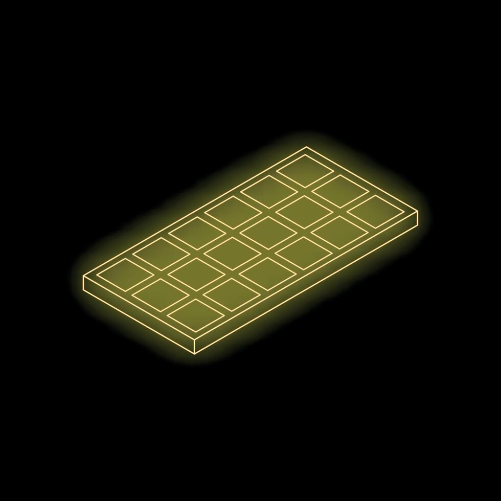 Yellow neon sign of chocolate bar with pieces on black background vector