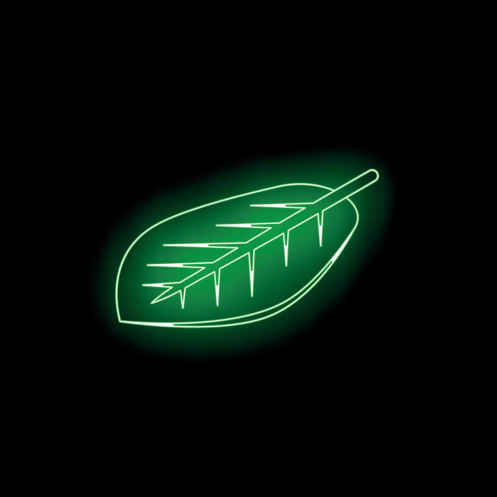 Green neon leaf glowing on black background vector
