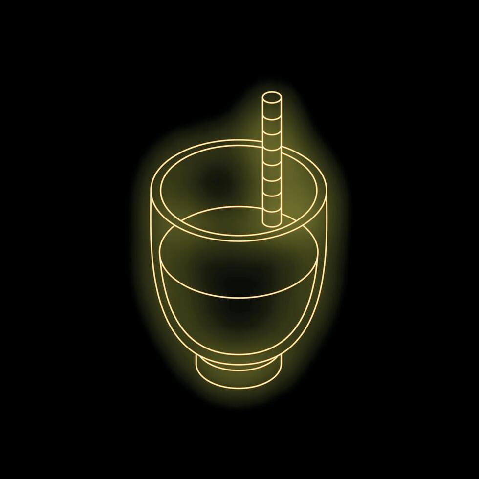 Neon yellow glass with straw glowing on black background vector