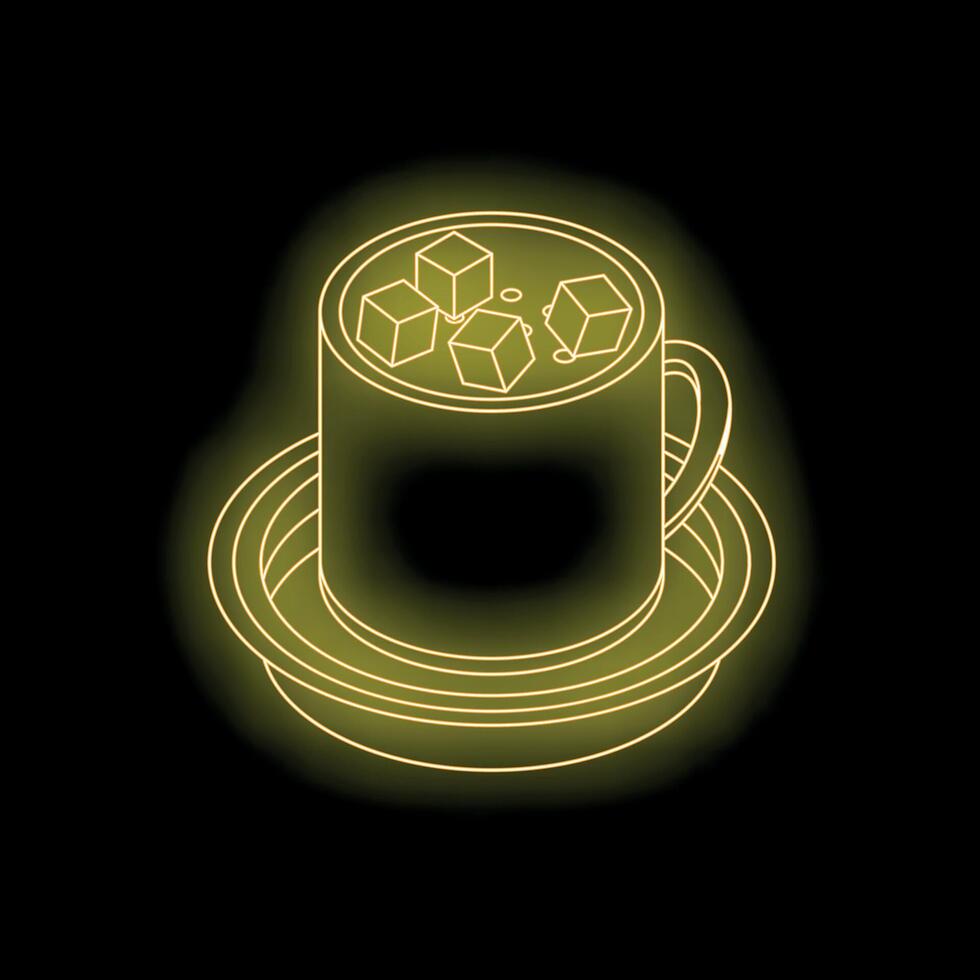 Neon coffee cup with sugar cubes on a saucer isometric view vector