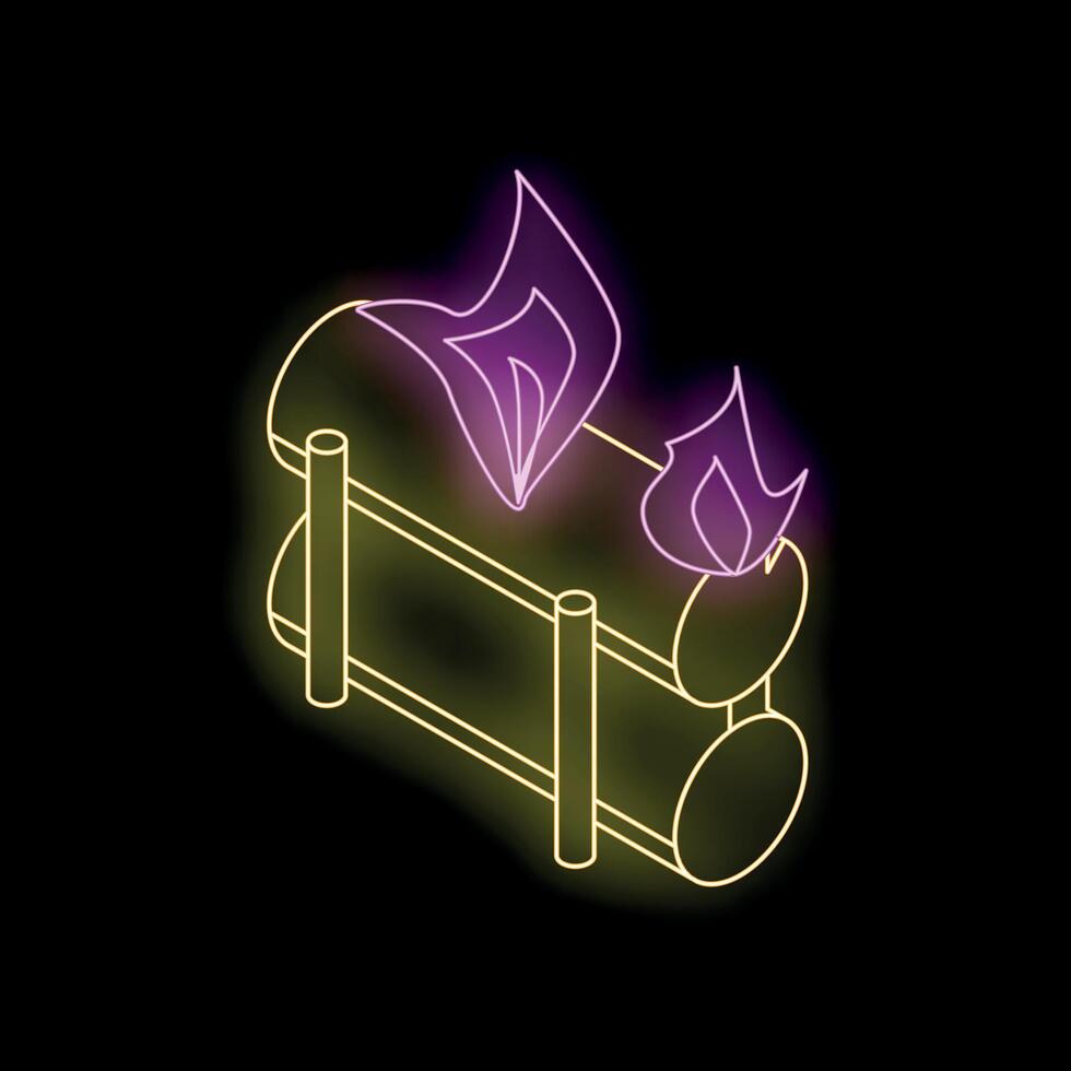 Neon burning bonfire with bright purple and yellow flames on black background vector