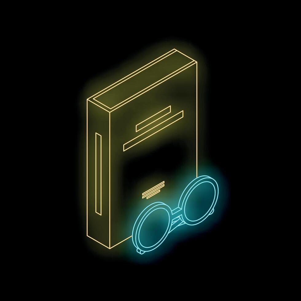 Neon icon of book and glasses representing studying vector