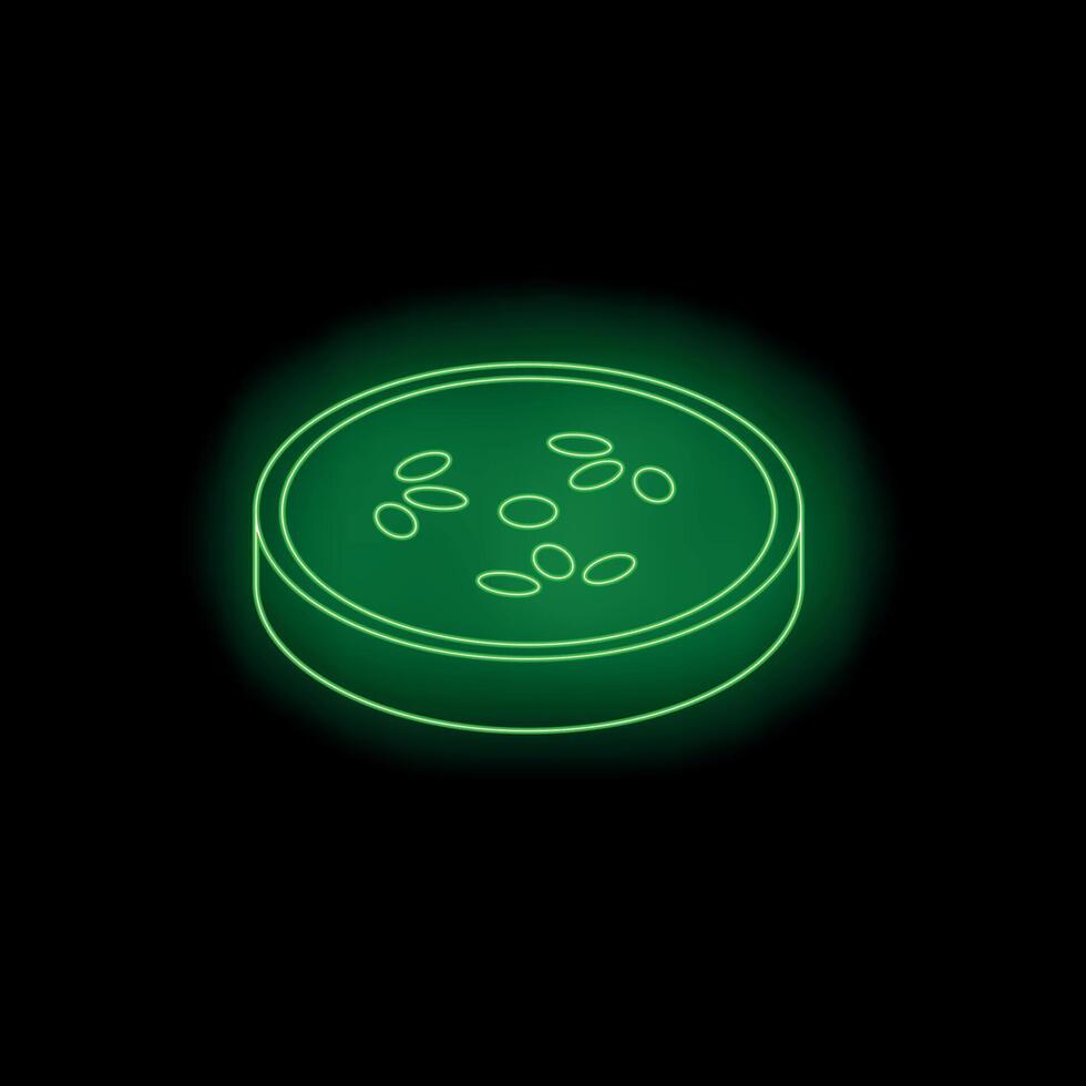 Green neon sign showing a slice of cucumber on black background vector
