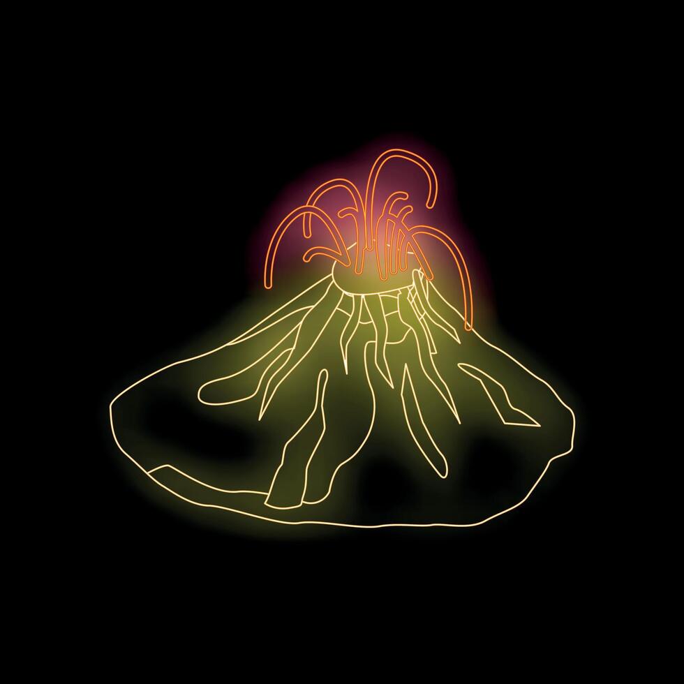 Neon volcano erupting with lava rocks and smoke vector