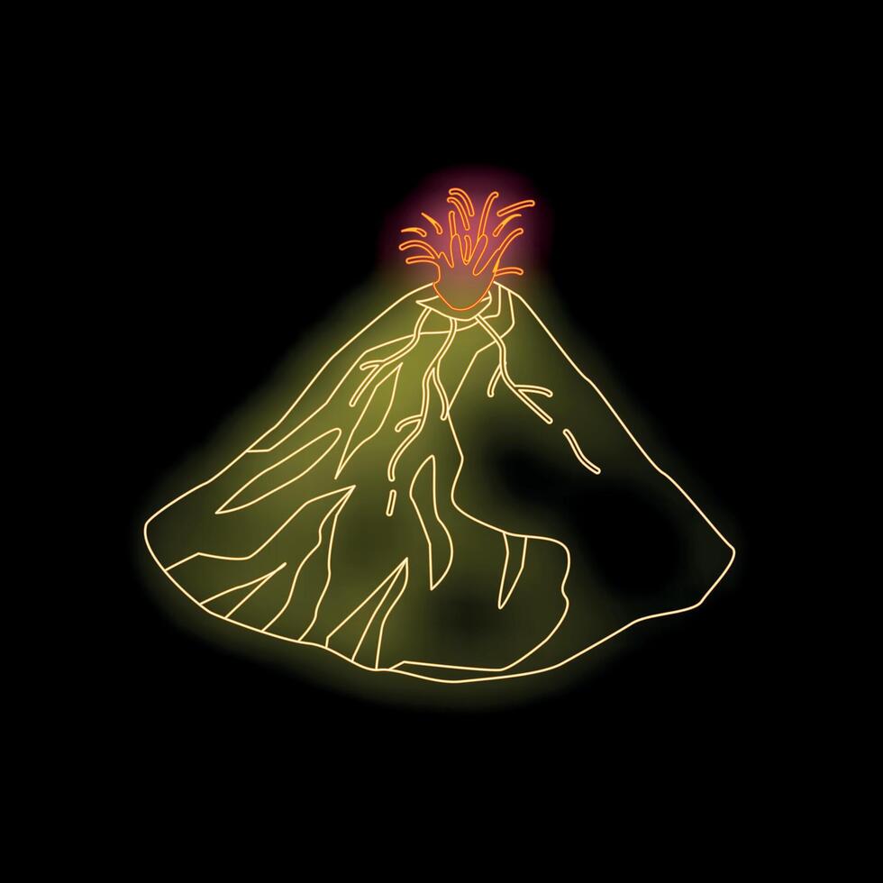 Volcano erupting with lava flowing down in neon style vector