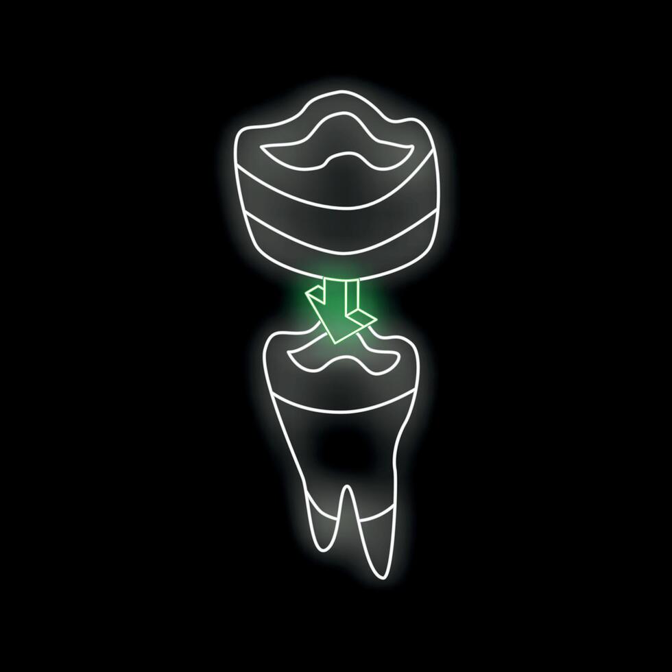 Neon style icon of dental crown being placed on tooth vector